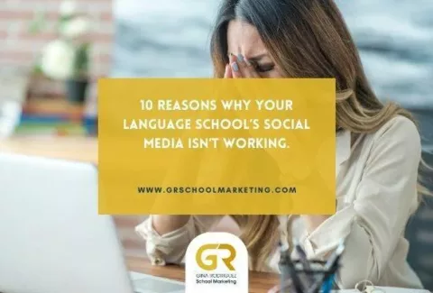 Blog post cover with title 10 Reasons why your schools social media isnt working . In the background there is a woman feeling overwhelmed in front of a laptop.