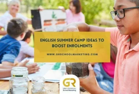 Blog Cover with photo of children learning outdoors and the title of the blog article: English Summer Camp Ideas to Boost Enrolments