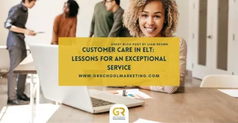 blog cover with a photo of a front desk lady with overlaying text with the blog title : Customer Care in ELT, lessons for an exceptional service