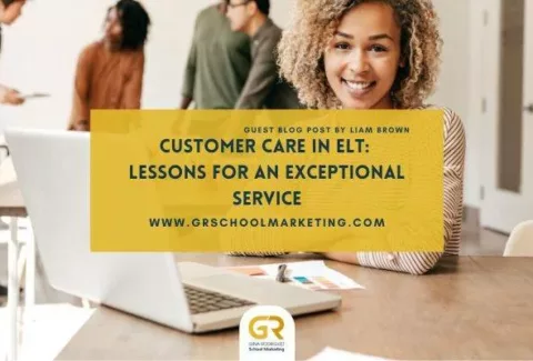 blog cover with a photo of a front desk lady with overlaying text with the blog title : Customer Care in ELT, lessons for an exceptional service