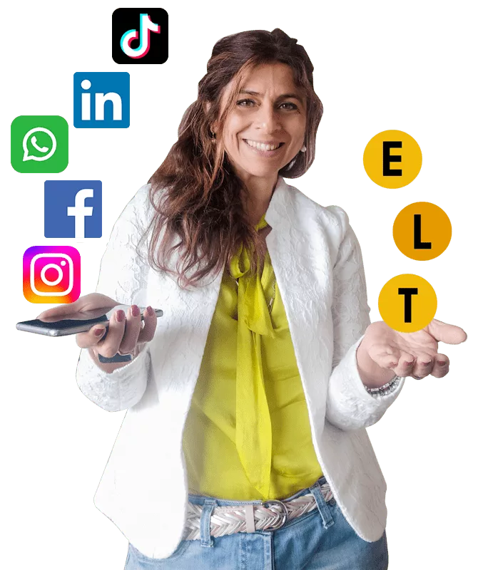 Gina Rodriguez, ELT Marketing Consultant photo with social media icons and the ELT initials