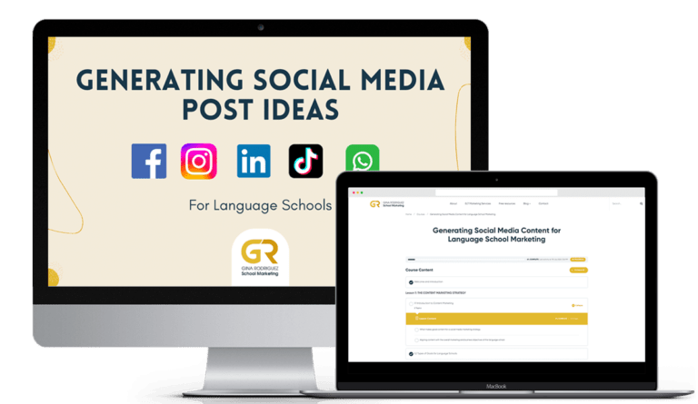 cover of the social media course for language school marketing highlighting the new Generating social media post ideas course by Gina Rodriguez