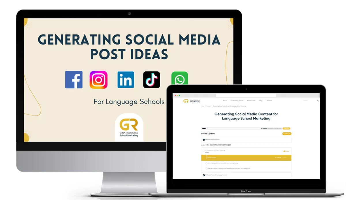 cover of the social media course for language school marketing highlighting the new Generating social media post ideas course by Gina Rodriguez