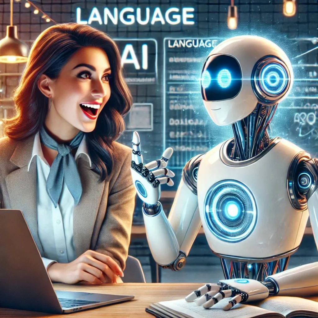 AI generated image depicting AI as a brainstorming companion. There's a robot working with a lady .