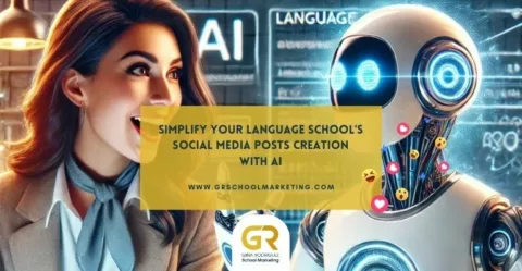 picture depicting a robot and a lady collaborating in a language school on social media content creation with AI