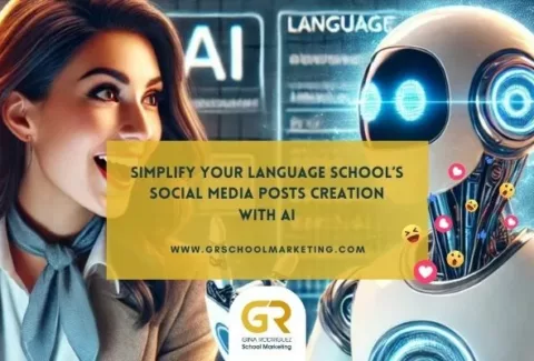 picture depicting a robot and a lady collaborating in a language school on social media content creation with AI