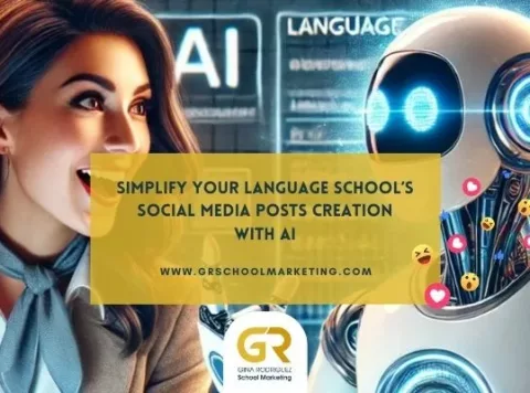 picture depicting a robot and a lady collaborating in a language school on social media content creation with AI