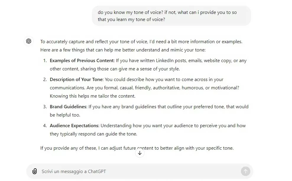 screenshot of chatgpt prompt and example answer about learning the tone of voice of a brand.